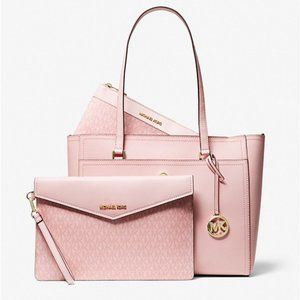 Michael Kors 3 piece set NEW Maisie tote powder blush clutch wristlet